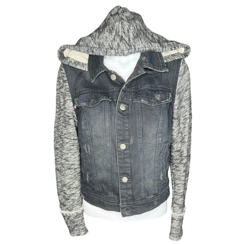 Free People Knit Hoodie Denim Jacket Black Grey Layered Boho Womens Small